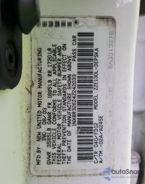 2004 Toyota Corolla Ce из США, поврежденный, VIN 1NXBR32E24Z242033